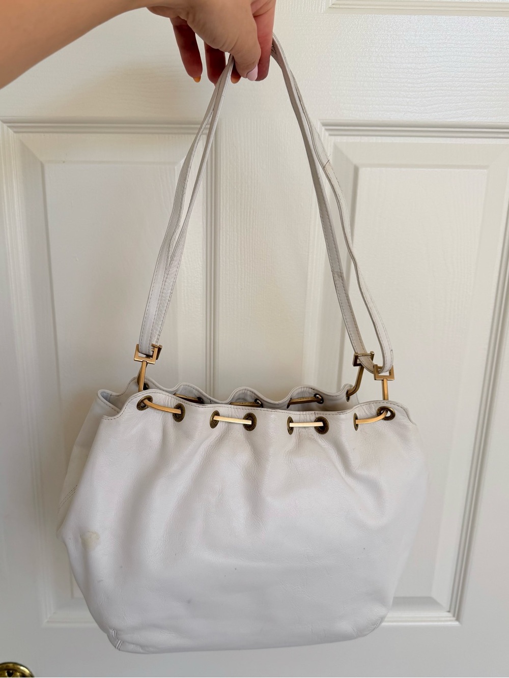 Charles Jordan Vintage White Leather Shoulder Handbag with Gold Hardware